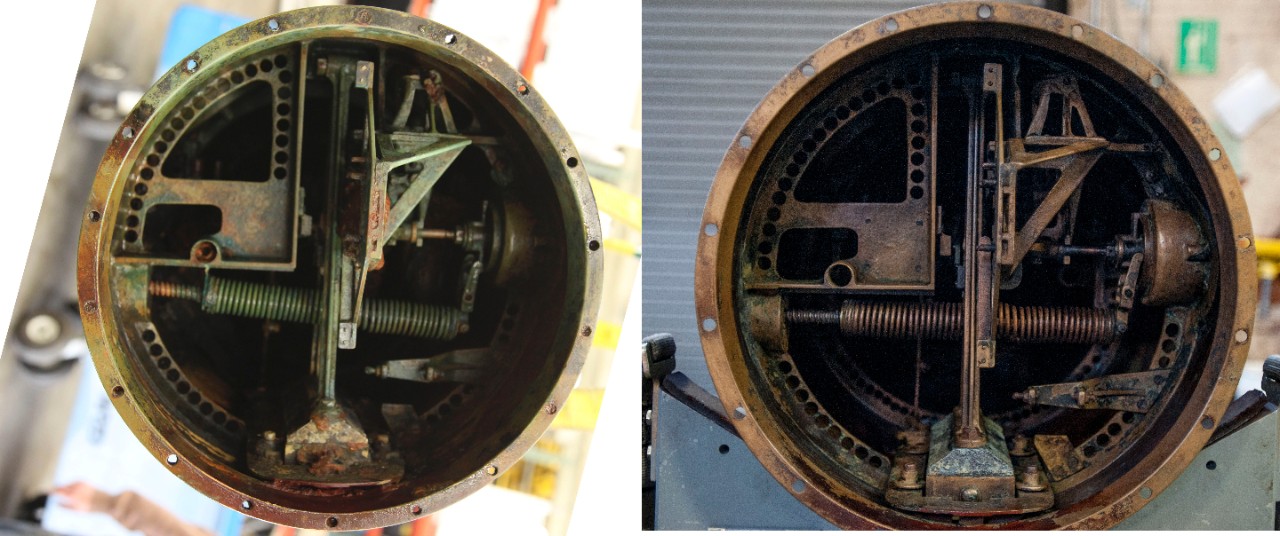 <p>On the left side is a pretreatment photo of the inside of a Howell Torpedo, and on the right side is a the after treatment image of the inside of a Howell Torpedo.&nbsp; The inside has various types of gears and rods that control direction of the torpedo.&nbsp;</p>