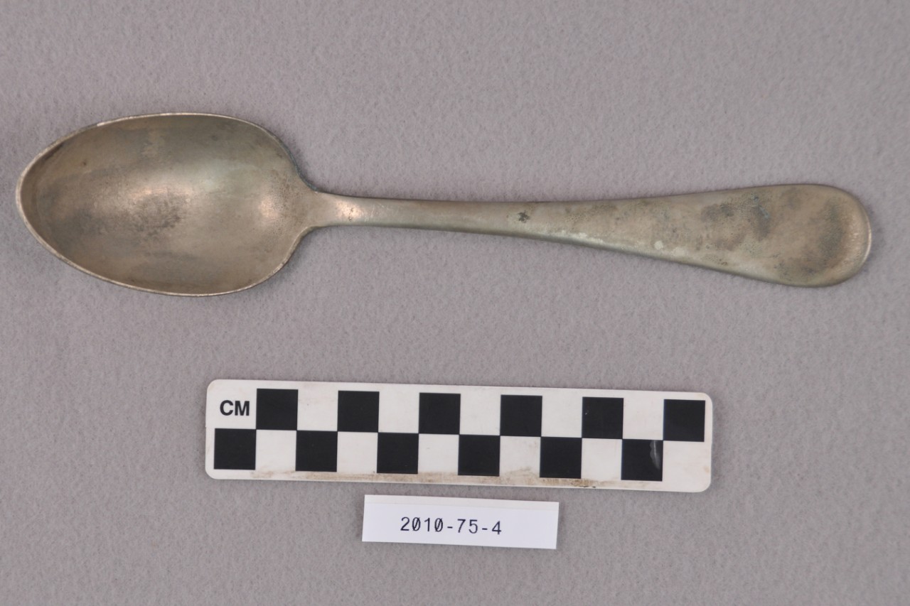 <p>Undecorated silver plated serving spoon from USS San Diego.</p>

