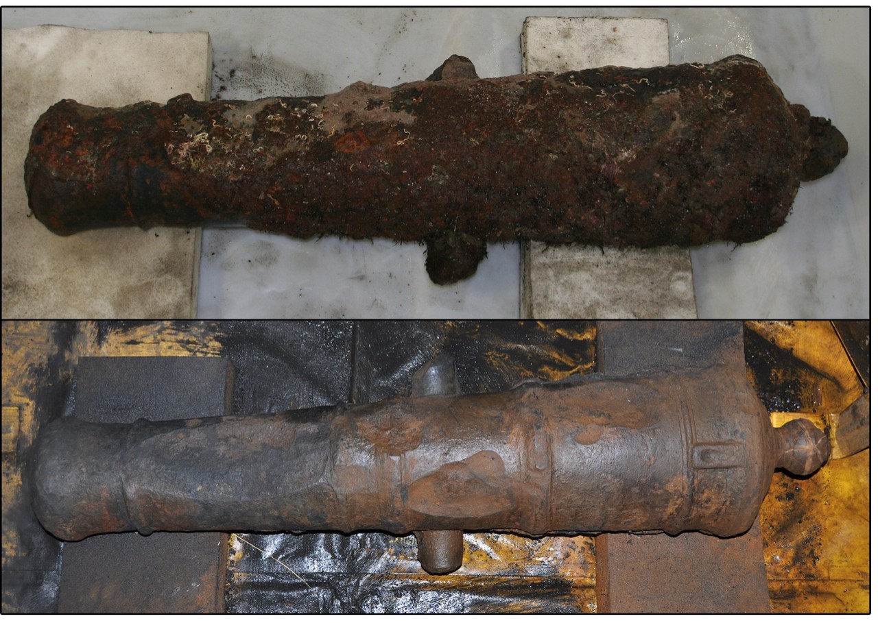 Two color photos of a cannon. In the top, the cannon is covered in reddish orange concretion prior to cleaning. In the bottom image, the cannon's surface is visible and historic damage has been revealed.