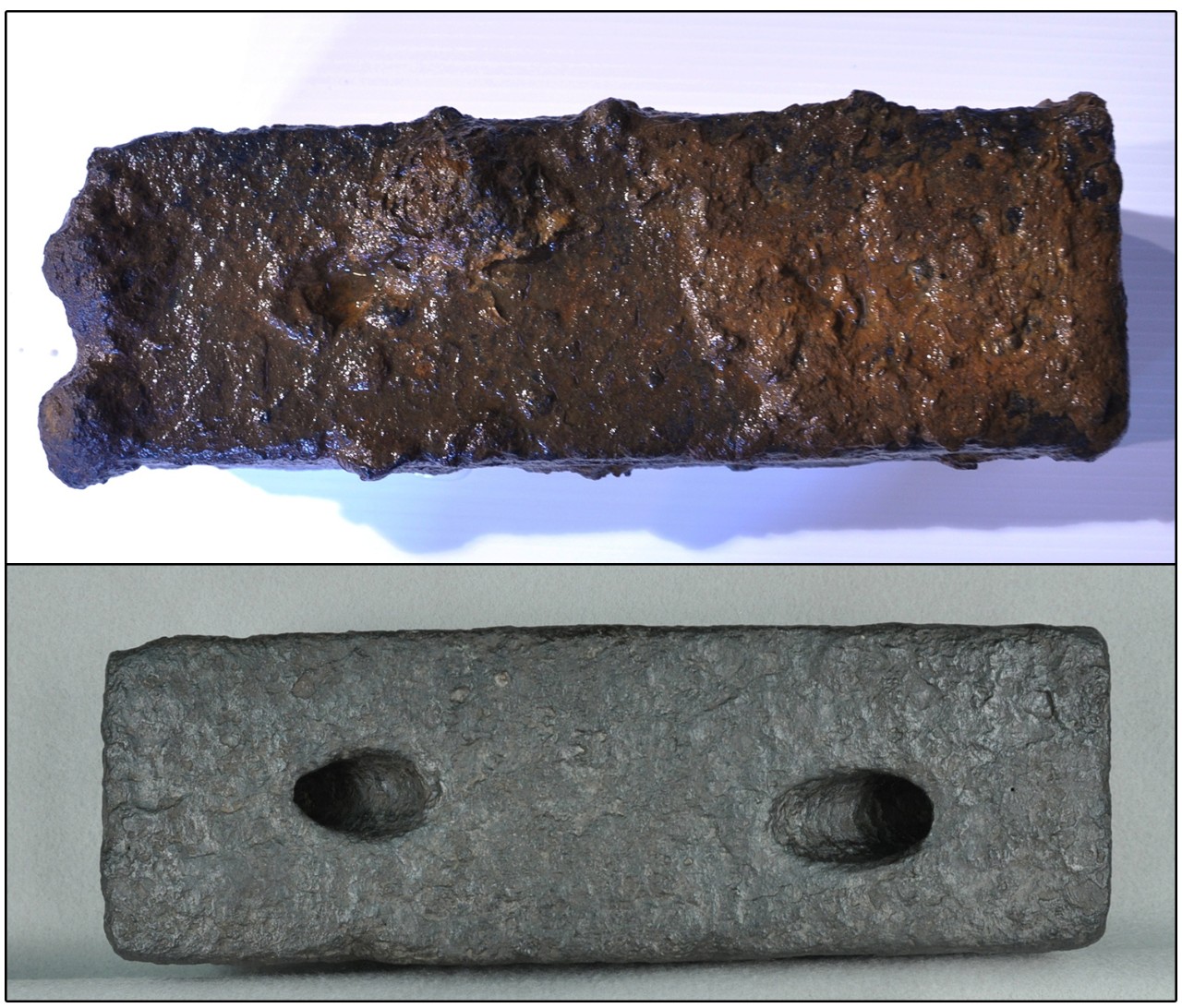Two color photos of a solid iron retangular block. The top image shows the block covered in hard thick orange/red layers of concretion; the bottom image shows the block with a smooth, black surface with two oval through holes. 