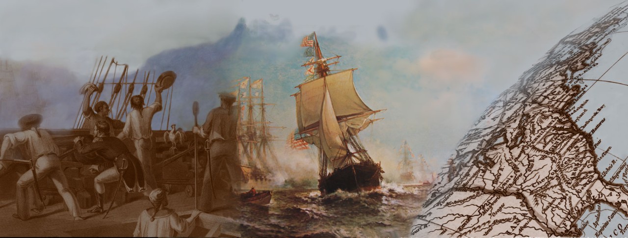 A collection of colored images.  Image on the left is a painting of sailors aboard a wooden ship loading cannons. Image in the middle are wooden ships engaged in battle and one ship has the American flag.  Image on the right is a map of the eastern coast of the United States.