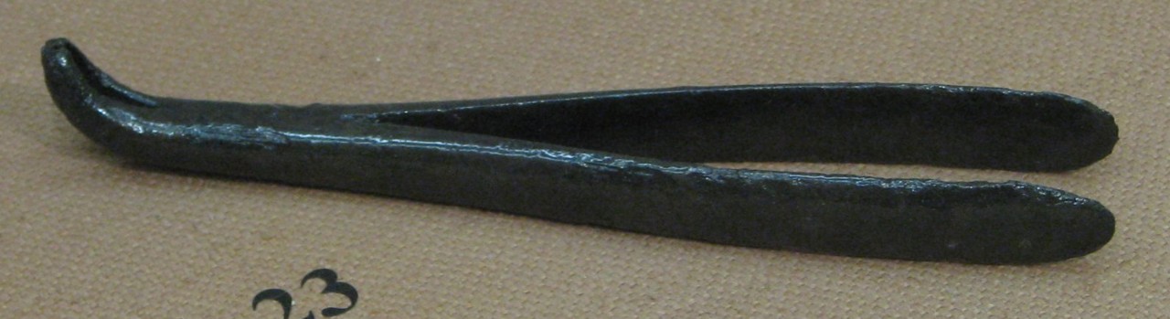Color photo of a pair of iron forceps with a curved end.