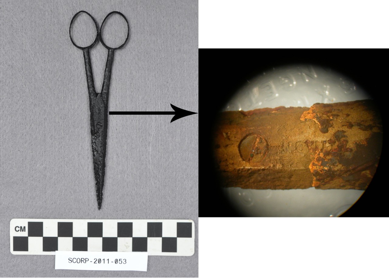 Color photo of a pair of straight-bladed scissors with a centimeter scale underneath; to the right is a micrograph of the maker's mark showing the letters NOWILL.