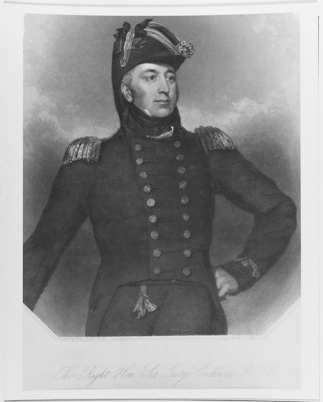 Black and white drawing of Bristish Admiral Sir George Cockburn. He is wearing a bicorne hat and fully naval uniform and left hand is resting on his hip.