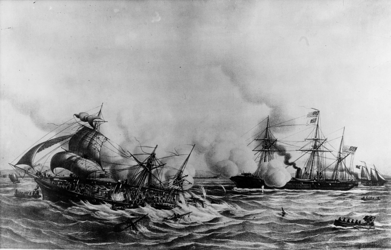 Black and white photo of a lithograph showing two ships engaged in battle; Alabama in the foreground has lost two of its three masts.