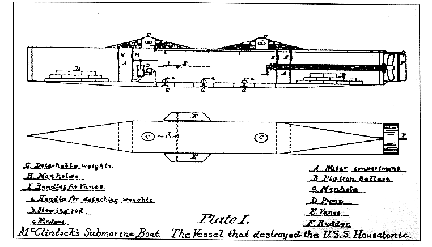  Figure 4. Diagram of a submarine boat drawn by Rear Admiral Baird in McClintock's presence. Baird has labeled this as "The Vessel that destroyed the U.S.S. Housatonic." Alexander subsequently stated in a letter to the Navy that this identification was in error, and that the sketch represented not the Hunley but the first boat built in Mobile.