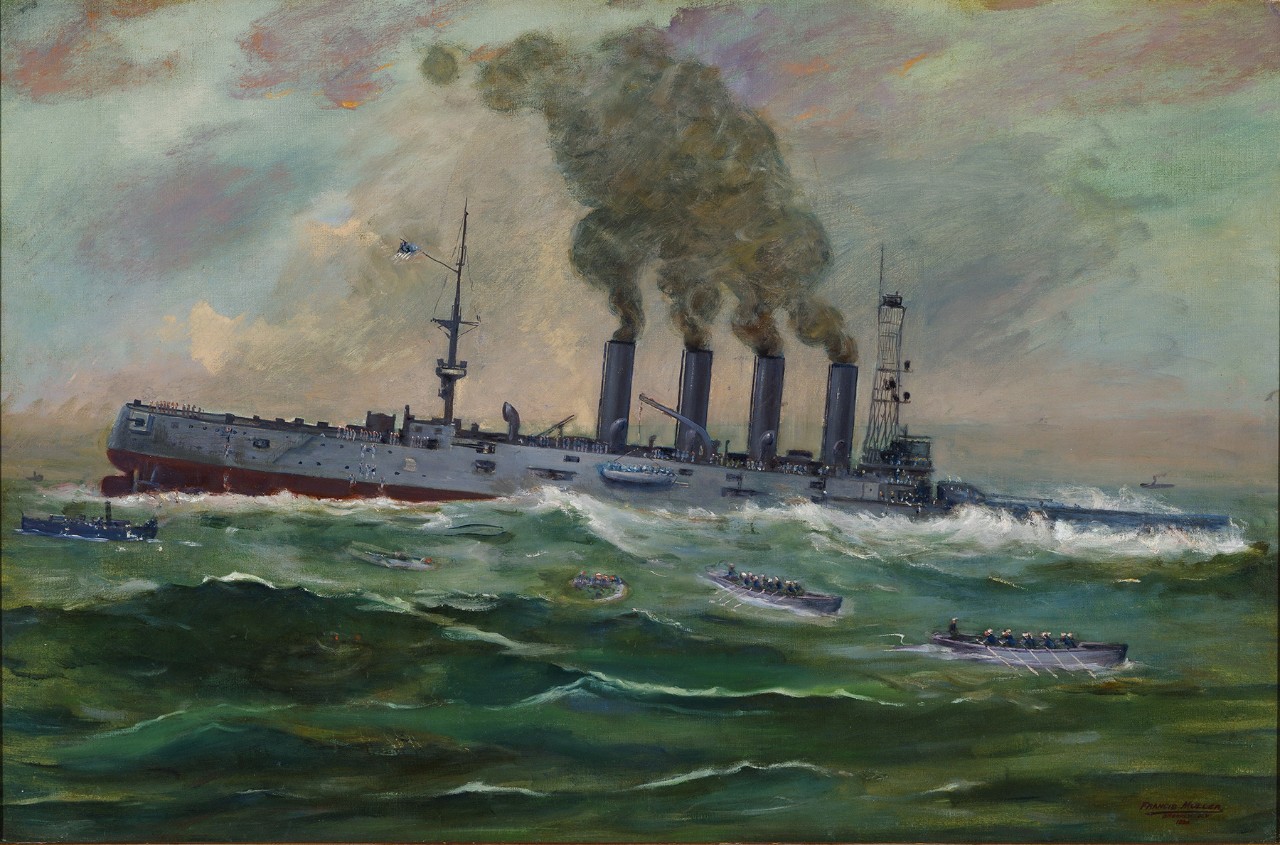 Colored painting of the USS San Diego sinking in rough waters.