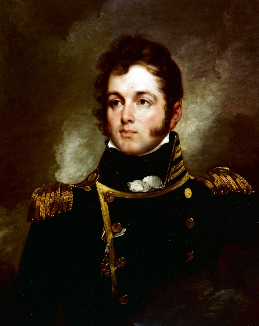 Colored oil painting of Oliver Hazard Perry.  He has dark brown to black hair and is wearing navy blue and gold uniform for a US Navy Lieutenant.