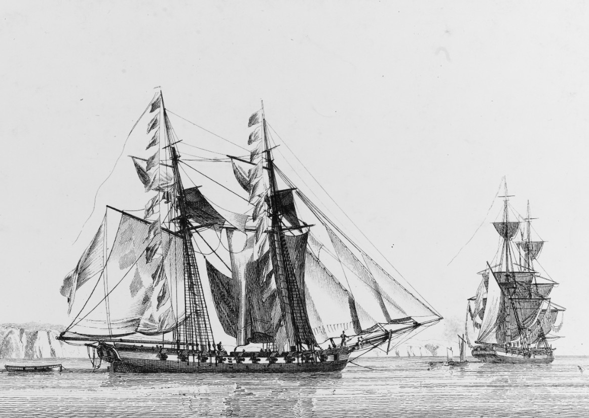 Black and white engraving of two schooners with sails on the water. In the back ground on the left is raised land.