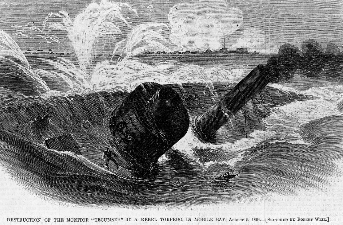 Black and white drawing of iron clad monitor vessel sinking in rough waters with one sailor on the deck and one sailor in the water.