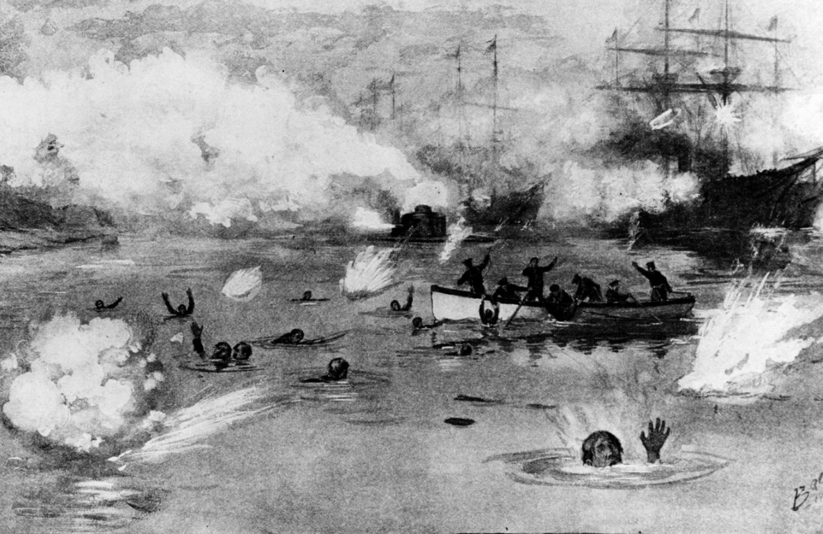 Black and white drawing of multiple sailors in the water after the sinking of USS Tecumseh. Two vessels with sails surrounded by cannon smoke are in the background coming to resue the sailors.
